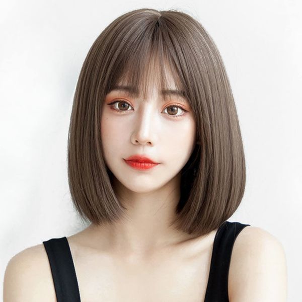 Epocobo Women's Short Bob, Full Wig, Wig, Wig, Wig, Bob, Short, Pattin, Semi-Long, Fashion, Small Face, Cute, Natural, Bangs, Heat Resistant, Sweet Short Bob, Hair Net Included, Dark Brown