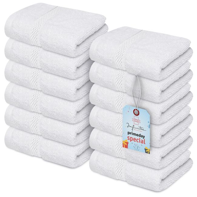 Infinitee Xclusives 12 Pack Premium White Wash Cloths and Face Towels, 13x13 100% Cotton, Soft and Absorbent Washcloths Set - Perfect for Bathroom, Gym, and Spa