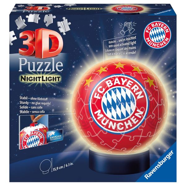 Ravensburger 3D Puzzle 12177 - Nachtlicht Puzzle-Ball FC Bayern München - 72 Teile - ab 6 Jahren, LED Nachttischlampe mit Klatsch-Mechanismus