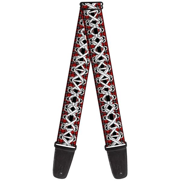 Buckle-Down Guitar Strap - Corset Lace Up Red Plaid Black