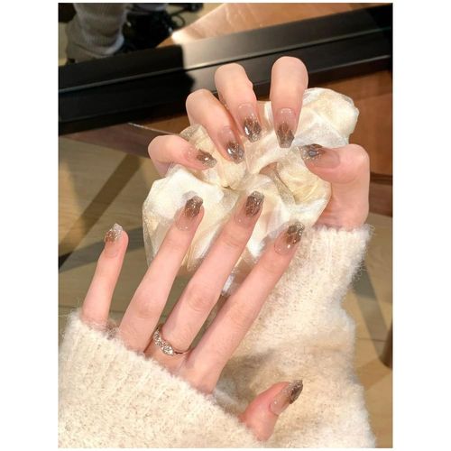 FASHION YO 24PCS Glitter Diamond Press on Nails French Tip False Nails Shaped Short/Long Fake Nails Full Cover Stick on Nails Removable Glue-on Women Girls Daily Wear (Set05)