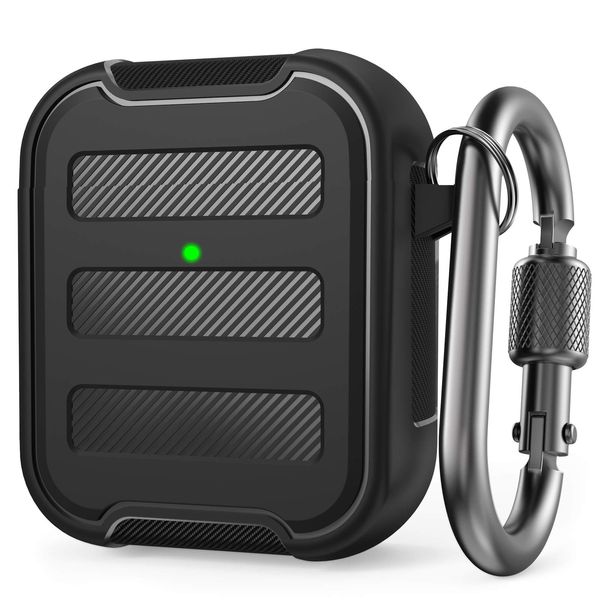 AHASTYLE Rugged AirPods Case Cover Shockproof Hard-Shell TPU Protective Cover Compatible with AirPods 2 & 1 [Front LED Visible] Support Wireless Charging with Carabiner (Black)