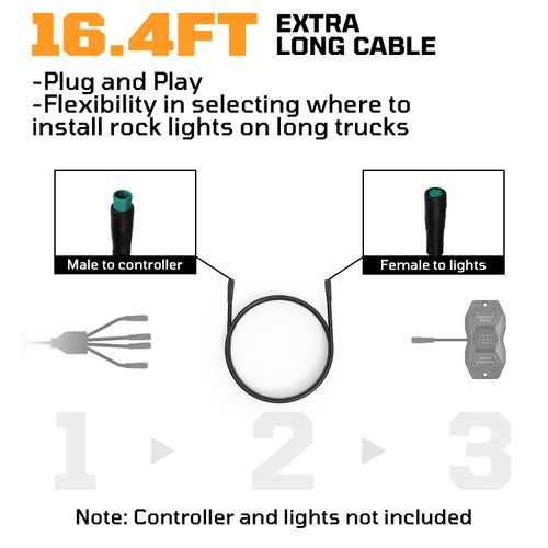 Tequison 2 Pcs 16.4FT 5Pin RGBW Waterproof Extension Cable, Underbody Lighting Extra Long Cord for 4/8/12 Pods LED Rock Lights Kit, Plug and Play