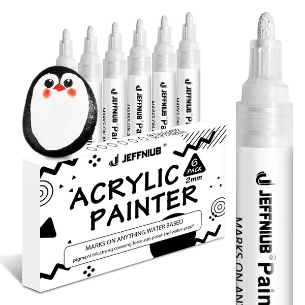 JEFFNIUB Paint Pens White Thick 2-3 mm, 6pcs Permanent Acrylic Paint Pens for Rock, Metal, Glass, Wood, Fabri, Tyre Painting White Markers