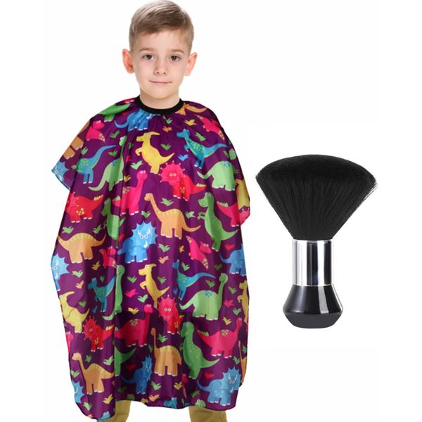 Kids Barber Cape with Neck Duster Brush, Professional Salon Hair Cutting Cape with Adjustable Snap Closure(Cartoon Dinosaur)