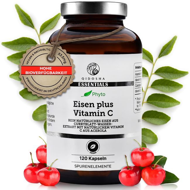 QIDOSHA® pflanzliches Eisen plus Vitamin C Kapseln, 120 Kapseln im Glas, rein pflanzliches Eisen vegan aus Curryblatt Extrakt, ergänzt um Vitamin C aus Acerola-Fruchtpulver, laborgeprueft, vegan