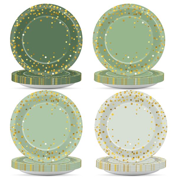 OBUSATT 100Pcs Sage Green Paper Plates Green and Gold Party Supplies Polka Dot Green Tableware Disposable 7 Inch Dinner Dessert Cake Plates for Bridal Baby Shower Wedding Birthday Party Decorations