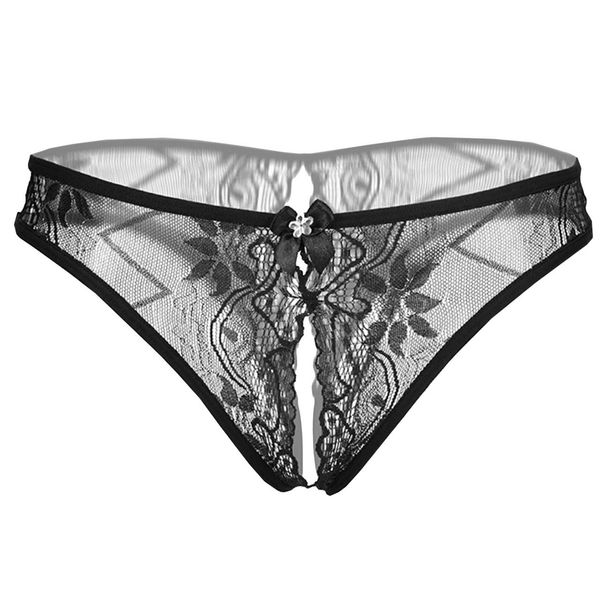 Chrome Crane LW032 Women's Thong Underwear, Shorts, Floral Pattern, Lace, Ribbon, Stylish, Sexy Pants, (01. Black)