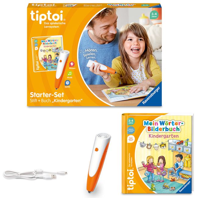 Ravensburger tiptoi Starter-Set 00113: Stift und Wörter-Bilderbuch Kindergarten - Lernspiele für Kinder ab 3 Jahren - Spielzeug ab 3 Jahre, Grün, Orange, Silber