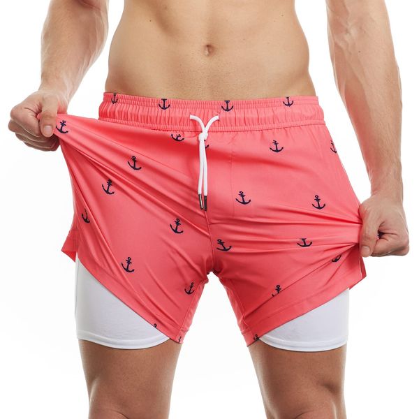 MaaMgic Herren Badehose mit Kompression Badeshorts 2 in 1 | 5.5" Schnelltrocknend lässige Swim Shorts Kurz Boardshorts mit Innenhose Reißverschlusstasche XS - XXL,Rosa Anker 5.5,L