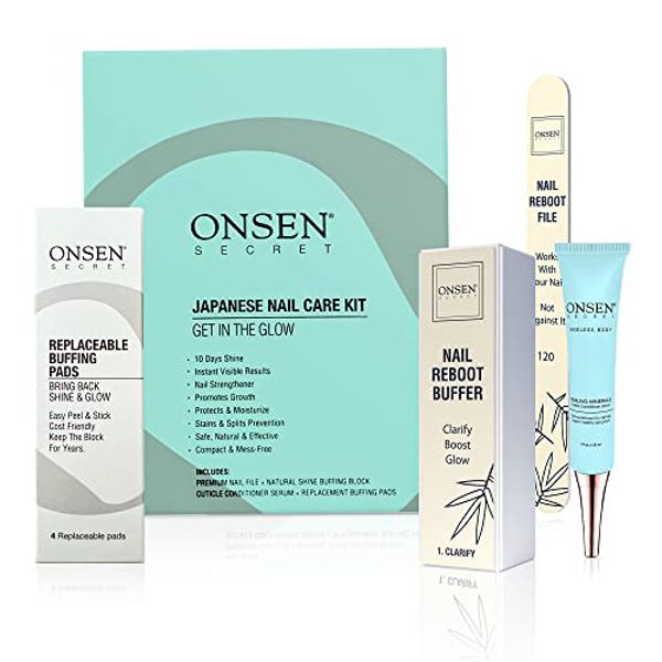 Onsen Secret Essential Nail Reboot Kit (Serum) - Professional Nail File, 3-Way Nail Buffer Block Nail File w/Replacement Pads & Nail Strengthening Cuticle Cream for Healthy Nails