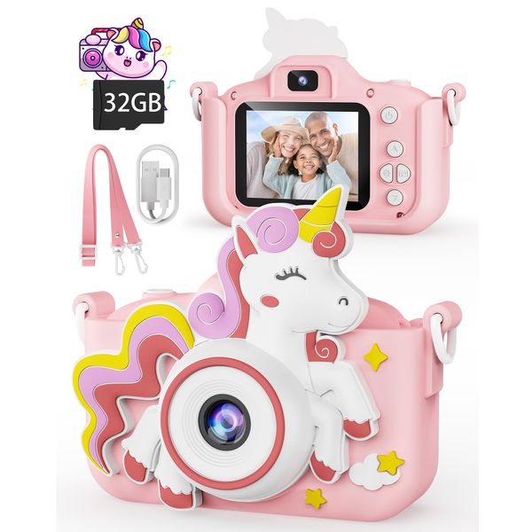 Kikapabi Unicorn Kids Camera Toys for Girls Boys Age 3-8, Christmas Birthday Gifts for Girls Age 3 4 5 6 7 8, Digital Camera with Silicon Cute Cover for Kids, Toddler Camera for Kids with 32G SD Card