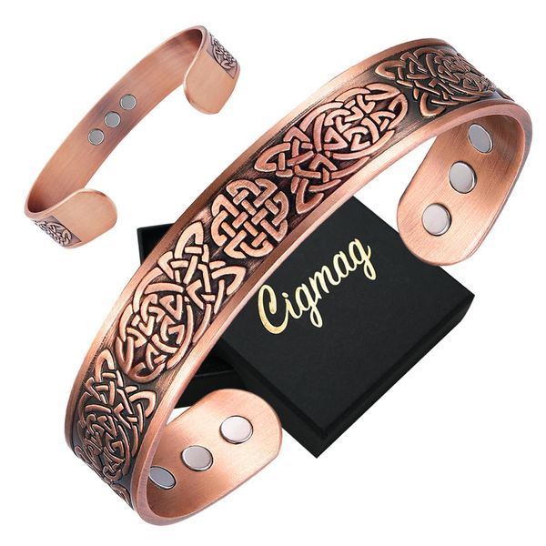 Cigmag Lymphatic Drainage Magnetic Bracelet for Men Ultra Strength Magnet 99% Solid Pure Copper Adjustable Brazaletes with Gift Box (Copper Celtic Knot 1)