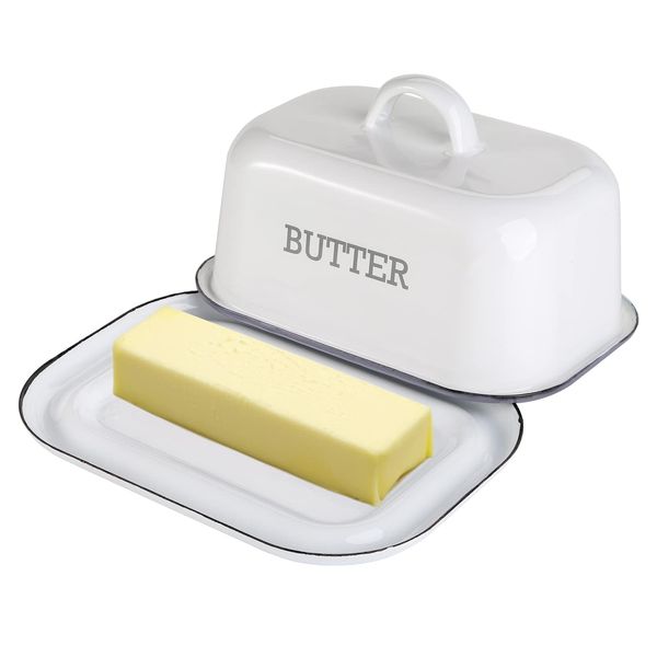 Suwimut Butter Dish with Lid, Farmhouse White Enamel Butter Holder Dish Container with Cover for East West Coast Butter, White