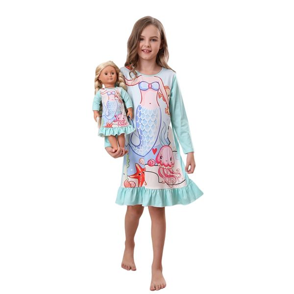 Bow Dream Toddler Girls Dress Cute Cartoon and Matching American Girl Doll Clothes for Girls Party Birthday Gift Mint Mermaid Mint Mermaid Size 140