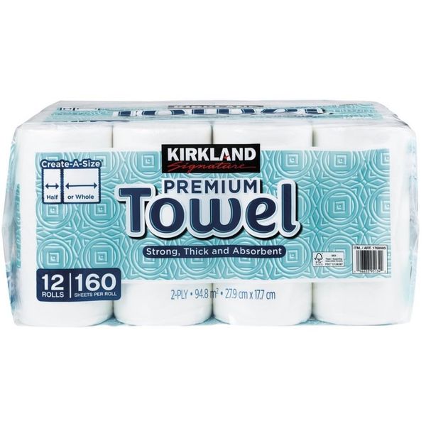 Costco Kirkland Signature 2-Ply Paper Towels, 160 Sheets x 12 Rolls, KIRKLAND Roll Towels, Double Thick, Strong, Highly Absorbent, Break + lollol Microfiber Cloth(Trademarked)