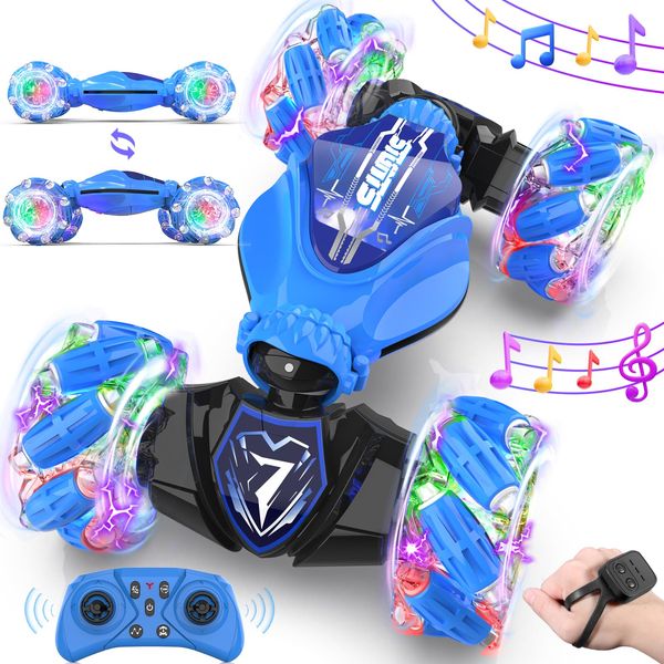 TinyFunz Gesture Sensing Remote Control Car Toys - Drift RC Stunt Car for Kids | 360° Rotating 4WD Transform RC Cars | 2.4Ghz Hand Controlled Car with Lights Music |Birthday to Boys Girls Blue