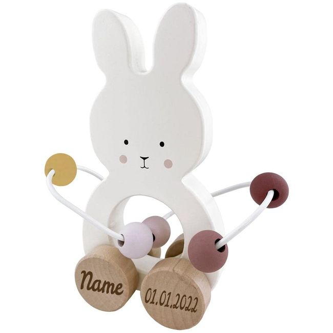 Elefantasie Spielzeug Hase mit Abakus aus Holz personalisierbar mit Name und Datum Baby Geschenk mit Gravur