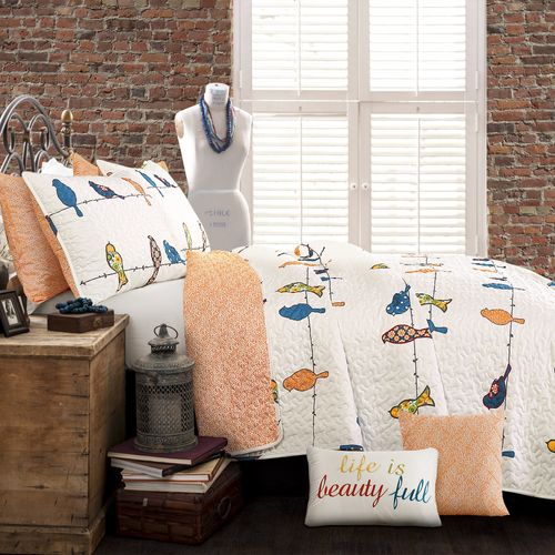 Lush Decor Rowley Birds Quilt Set, 7 Piece Set, King, Multi - Reversible Bird Bedding Set With Pillow Cases & Throw Pillows - Colorful, Whimsical, & Playful Floral Bird Print