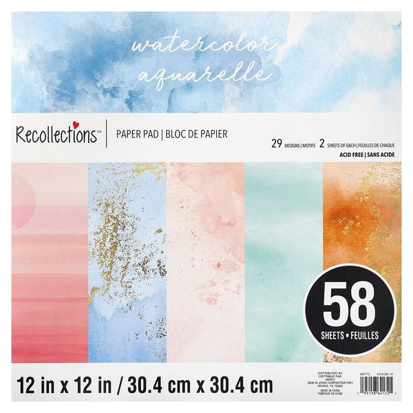 58 Sheets 12" x 12" Watercolor Paper Pad by Recollections - Acid Free Paper for Scrapbooks, Invitations, Greeting Cards, and Arts & Crafts - 1 Pack