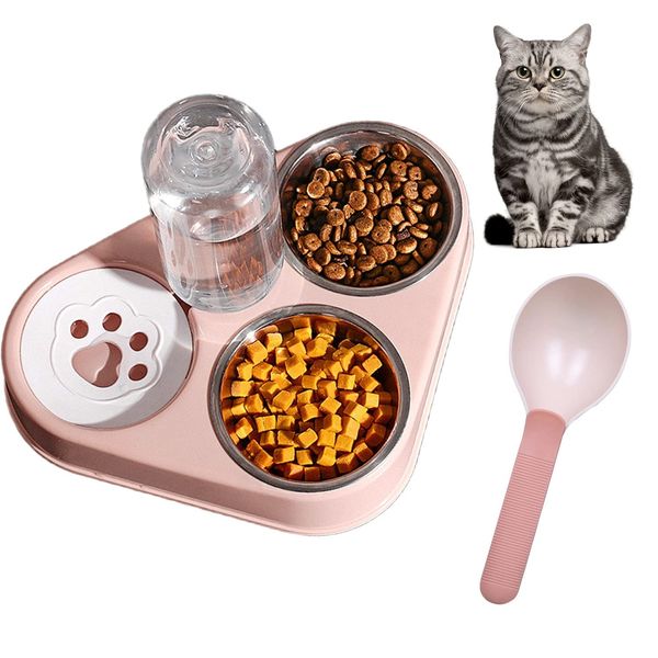 Automatic cat Food Dispenser, Three-in-one cat bowl, Automatic Feeder Bowls for cat/Dog, Flat cat Bowls Water and Food Bowls Set Served with cat Food Spoon