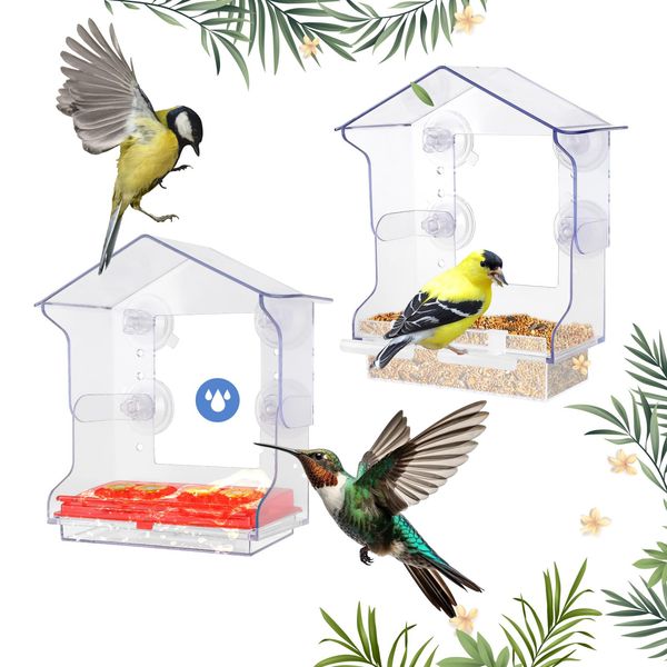 Window Bird Feeder Hummingbird Feeder, Bird House with 2 Bird Stand Rod, Bird Feeder and Hummingbird Feeder with 4 Strong Suction Cups and Removable Seed Tray with Drain Holes