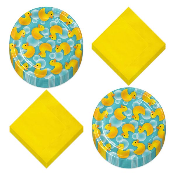 Rubber Duck Party Supplies - Bubble Bath Paper Dessert Plates and Beverage Napkins (16 Plates & Napkins)