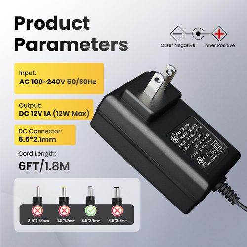 12V 1A 12W 6ft Long Power Supply Adapter, AC DC Switching Adapter (Input 100-240V, Output 12Volt 1Amp 1000mA), DC 12V 5.5x2.1mm Wall Mount Transformer Charger Plug, UL Listed
