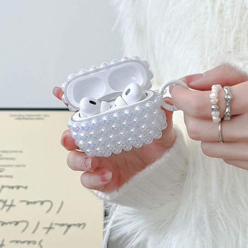 Cute Glitter Pearls Case for Airpods Pro 2/1 Cover Girls Women, Soft Handmade Beads TPU Airpods Pro 2nd/1st Generation Protective Cover with Cleaner Pen&Keychian for Air Pod Pros Gen 2/1, White