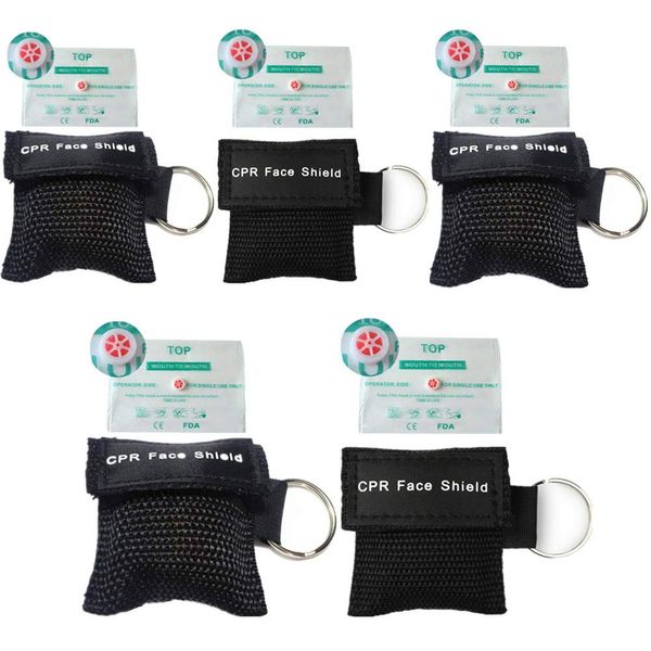 CPR Face Shields, 5 Pcs CPR Resuscitation Face Mask Keychain Ring Pouch for First Aid Cardiac Resuscitation Training (Black)