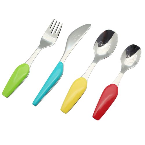 EXZACT Childrens Cutlery 4pcs Stainless Steel/Kids Cutlery - 1 x Fork, 1 x Knife, 1 x Dinner Spoon, 1 x Dessert Spoon - BPA Free - Dishwasher Safe (WF220-4)