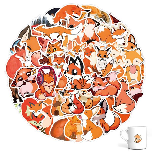 SJUNJIE 64 Stück Fox Aufkleber Tier Fox Aufkleber Set Wasserdicht Wiederverwendbar Cute Fuchs Aufkleber Geeignet Diy Zum Dekorieren Von Computern Skateboards Wasserflaschen und Gepäck