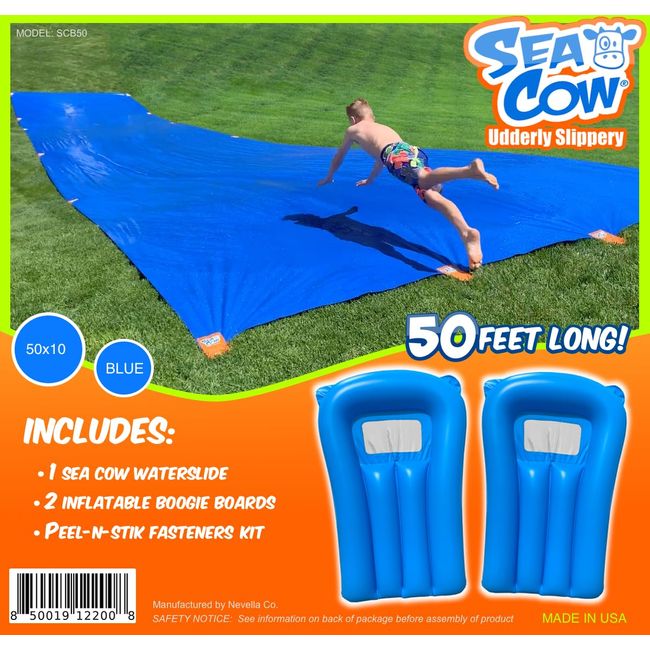 Blue Sea Cow Giant Backyard Waterslide 50 Foot - 2 Inflatable Boogie Boards, Peel-N-Stik Fasteners KIT