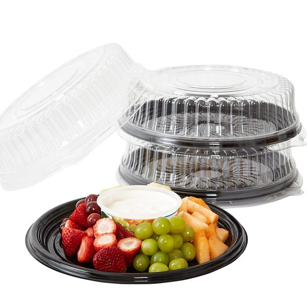 Avant Grub Heavy Duty, Recyclable 12 in. Serving Tray and Lid 3pk. Large, Black Plastic Party Platters with Clear Lids Dishware Plate, Elegant Round Banquet or Catering Trays for