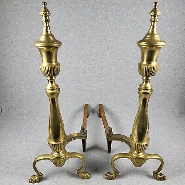 Antique 1919 PAIR BRASS FIREPLACE ANDIRONS FIRE DOGS, BRASS & CAST IRON 22.5"