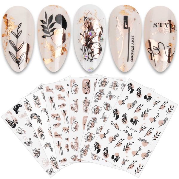 JMEOWIO Nagelsticker Rose Gold Schwarze Blume 12 Blatt Nail Art Sticker Selbstklebend Nagelaufkleber Frühlings Linie Abstraktes Blatt Dekoration Nageldesign Zubehör