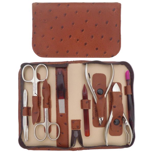 8-Piece Brown Genuine Leather Professional Manicure and Pedicure Set with Zipper - Tenartis 366 Made in Italy (Brown)