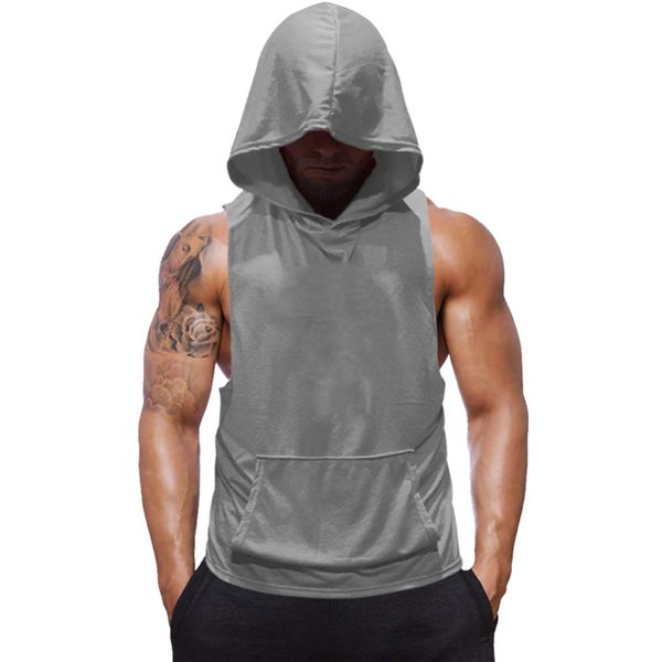 Mens Sleeveless Hoodie Fitness Vest Bodybuilding Stringers Workout Tank Tops(1#Gray(no Skull),M)