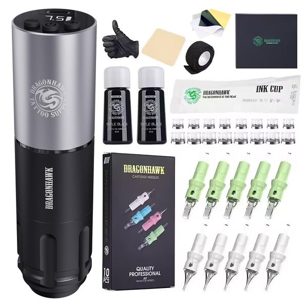 Dragonhawk macchinette per tatuaggi Wireless Rotative Pen Kit Macchina Gun Batteria 1600mAh Battery Power Supply Tattoo Cartucce Aghi Black Tattoo Ink Kit Completi per Tattoo Principianti