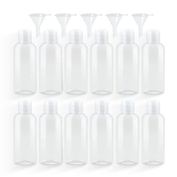 Set of 12 Travel Bottles, 50 ml Plastic Bottles with 5 Small Funnels, Transparent Plastic Air Bottle, PET Toiletries, Liquid Container for Refilling, Shampoo, Lotions, Creams, Cosmetics