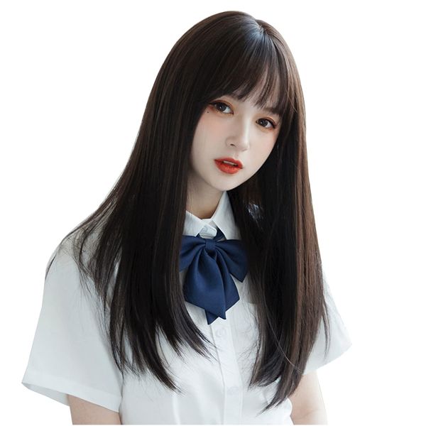 Wig, Long, Straight, Wig, Semi-Long, Black Hair, Cross-Dressing, Full Wig, Lolita, Cosplay, Wig, Small Face, Natural, Heat Resistant, Net, Gift Box Included, Black Brown