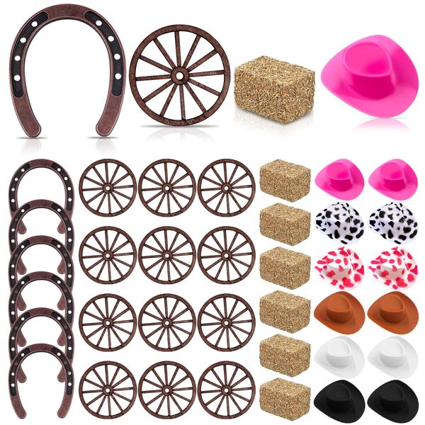 PPXMEEUDC 36PCS Western Party Decorations Mini Horseshoe Cowboy Hats Wheel Hay Bales for Crafts Birthday Wedding and Cowboy Party Favor