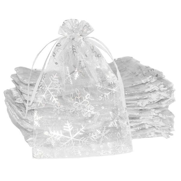 UHANGETH 100pcs 5x7 inch Drawstring Organza Bags Silver Snowflake Party Wedding Favor Jewelry Bag