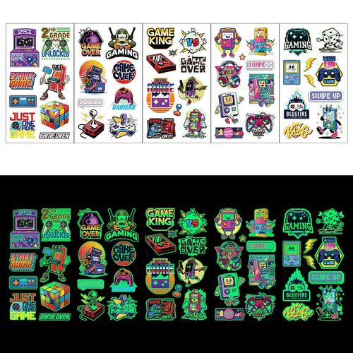 10 Sheet Gamer Temporary Tattoos Glow in Dark Video Game Stickers Gifts Game Button Gaming Stickers for Kids Classroom Rewards Gamer Birthday Party Supplies