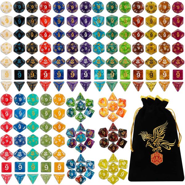 QMay DND Dice Set -25x7 (175pcs) Polyhedral Dice Compatible with Dungeons and Dragons D&D RPG MTG Table Games.25 Sets of 7 dice and a dice Bag