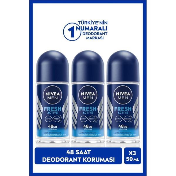 MEN Erkek Roll-on Deodorant Fresh Active 50ml, 48 Saat Koruma, X3 Adet