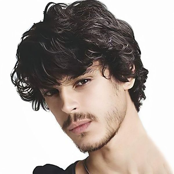 Siudus Mens Short Black Curly Wig with Bangs Natural Synthetic Wig for Daily Use