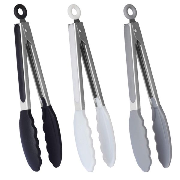 HINMAY Stainless Steel Handy Tongs with Silicone Tips 9" Cooking Tongs, Set of 3 (Black White Grey)