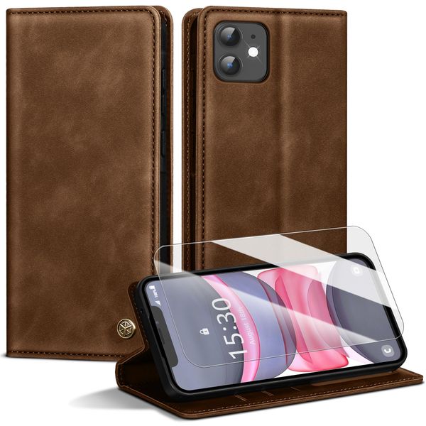 Mobile Phone Case for iPhone 11 Case, Premium Leather Case for iPhone 11 [With 1 Piece Tempered Glass Protection] Magnetic Card Slot Flip Case Protective Case for iPhone 11, Brown