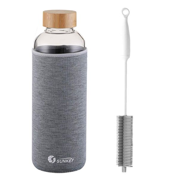 Glass Water Bottle 64 Oz Wide Mouth with Bamboo Lid Neoprene Sleeve Bottle Brush Bpa Free